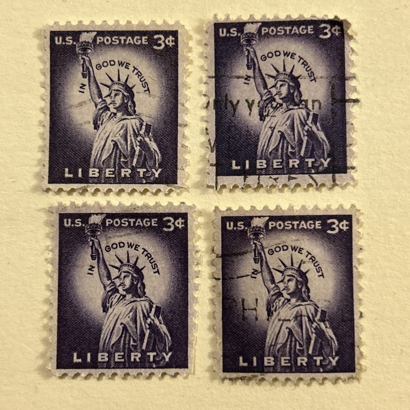 (4) 3 CENT Liberty US POSTAGE Stamp Purple Lady Statue Of Liberty