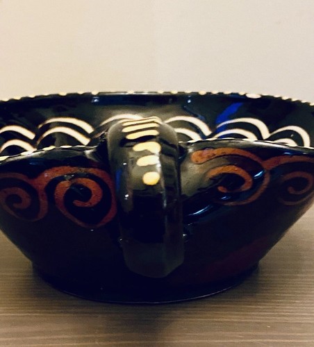 Vintage German Folk Art Pottery Nappy Dish Bowl w/ Handle Hand Painted 7.5” - Picture 4 of 13