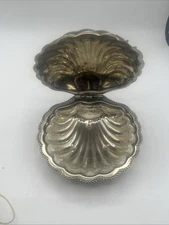 VTG Clam Oyster Shell Silver Plate w glass dish Cavier Butter Plate Serving