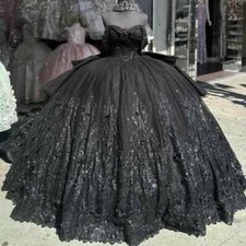 Glitter Black Quinceanera Dresses Flower Lace Crystal Sweetheart Birthday Party