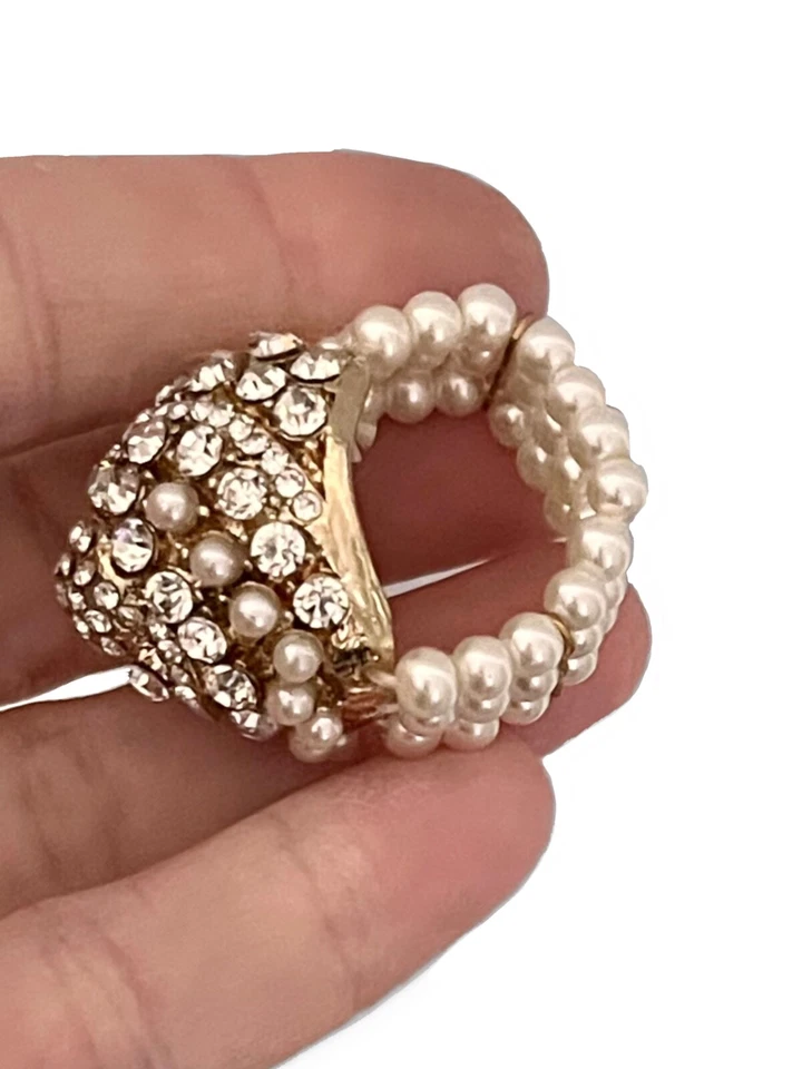 Anel grande elegante branco falso pérola cúpula cristal transparente declaração elástica tamanho 9 - Imagem 2 de 3