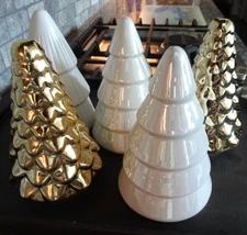 Set of 5 Ceramic Gold & White Iridescent Evergreen Tree Figurines Christmas