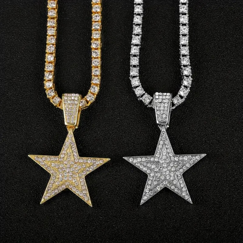Gold Star Hip Hop Icy Pendant & Iced 1 Row Cubic Zirconia Tennis