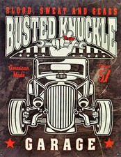 Plaque métal Américaine hot rod BUSTED KNUCKLE GARAGE - 40 X 30 CM