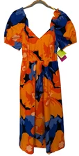 NWT Tabitha Brown Target Midi Dress Sz 6 Floral Puff Sleeve Tie-Back Orange Blue