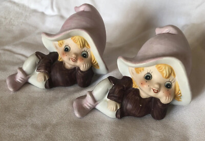 Two HOMCO Figurine Ceramic PIXIE FAIRY Garden #5213 ELF Fantasy Purple Pink