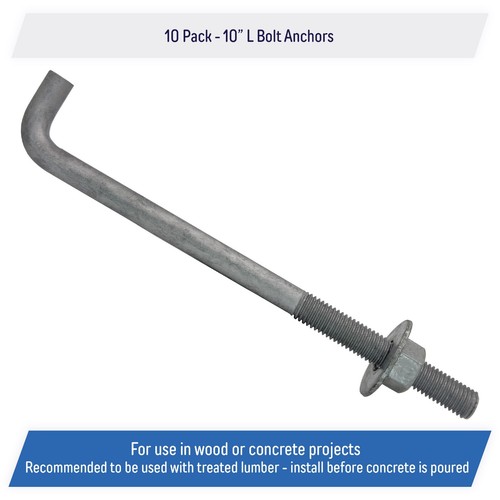 5/8" x 10-inch Galvanized Threaded Anchor Bolts for Wood, Concrete (10 Pack) - Picture 2 of 4