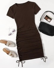 SHEIN Brown ribbed side cinch drawstring ruched Short Sleeve dress SZ M NEW