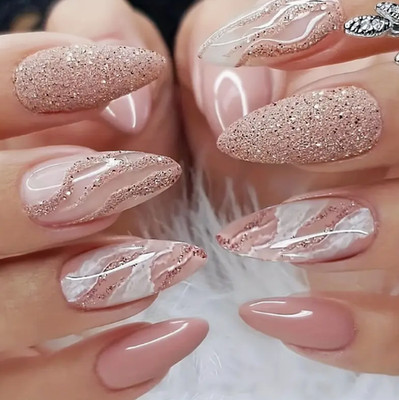 24 Pieces Press-on Nails -Long Almond Glossy Lt Pink Marble & Rose Gold Glitter