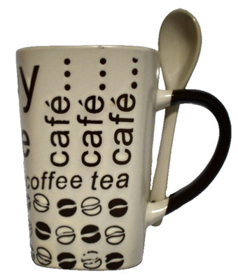 Ceramic Coffee Tea Cafe Mug Cup w/ Matching Spoon In Handle Word Art Typography