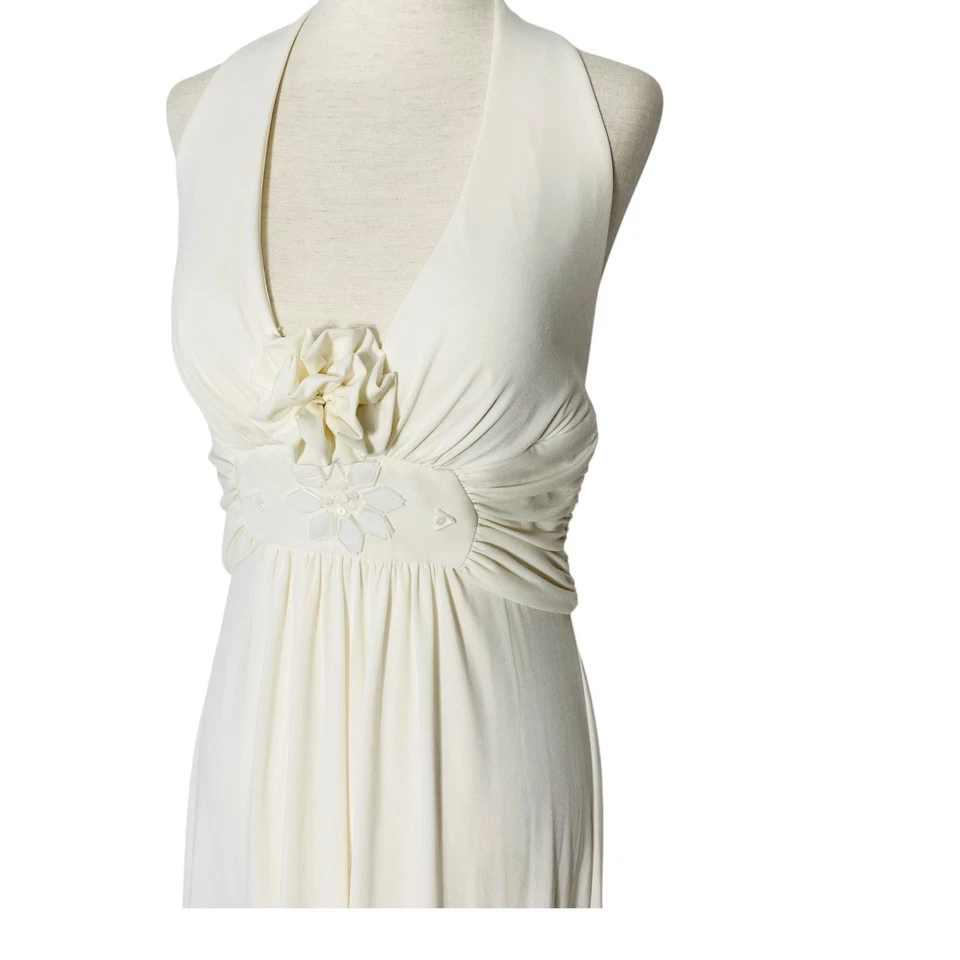 MAX AND CLEO Cream Halter Maxi Dress Beaded and 3D Floral Rosette Size 8 - Image 3 of 4