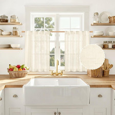 Beige Short Linen Kitchen Curtains 36 Inch Length, Semi Sheer Light Filtering Ca