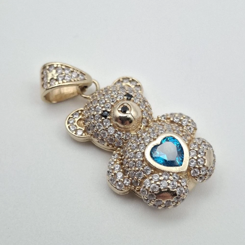 Juego de oso de peluche y pavé de circonitas cúbicas azules corte corazón oro amarillo 14K (CP4008155) Foto 3 de 4