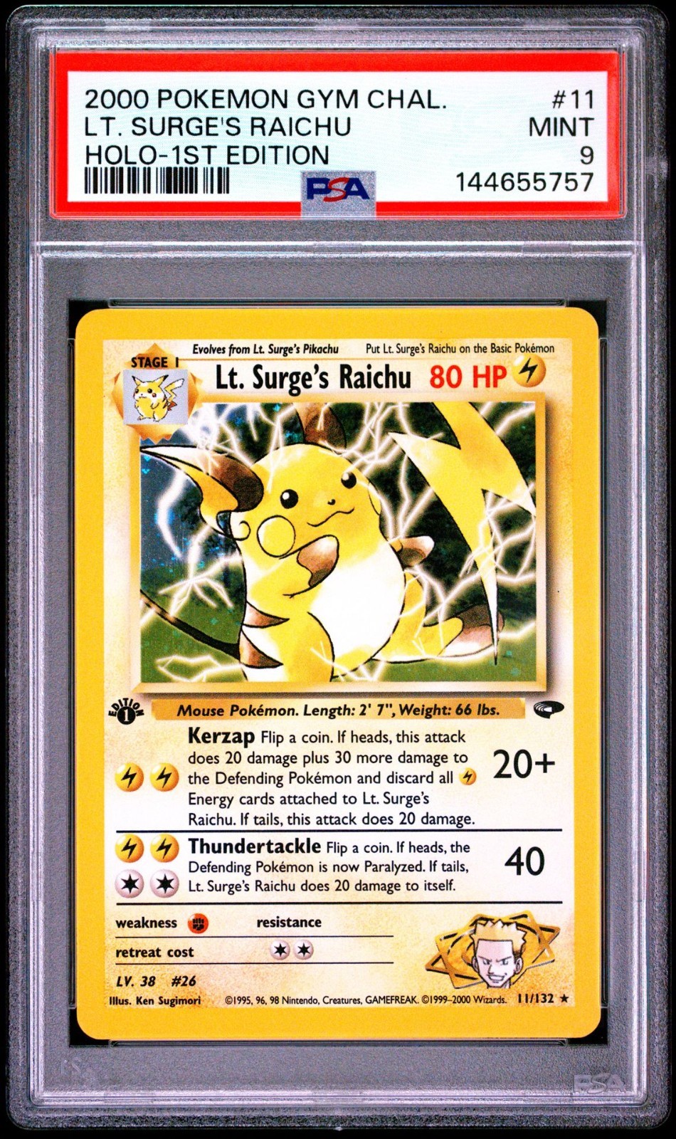 2000 POKEMON GYM CHALLENGE 11 LT. SURGE'S RAICHU HOLO-1ST EDITION PSA 9 NEW CERT