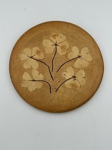 5 1/4” Round Wall Art Pottery - 5 Pressed Clover Pattern  Tan Plaque