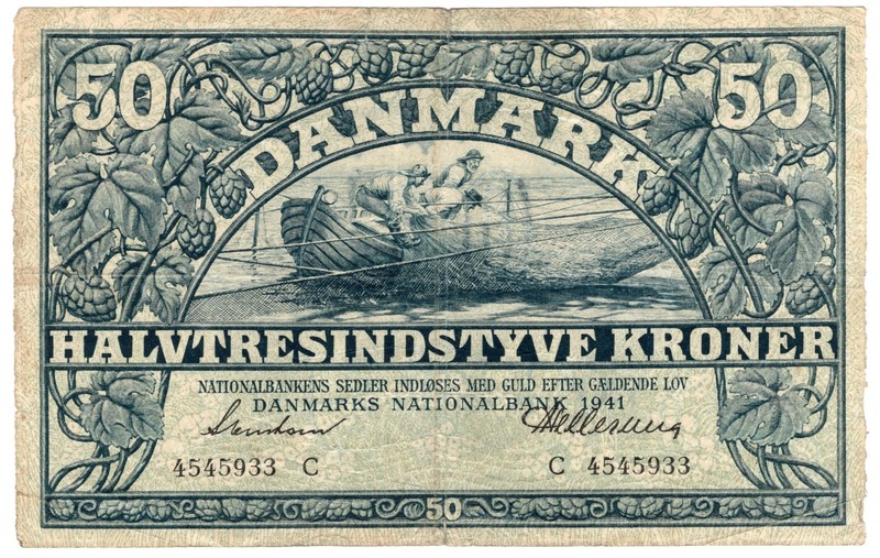 DENMARK P-32c 50 Kroner 1941 Rare WWII Banknote Serie C
