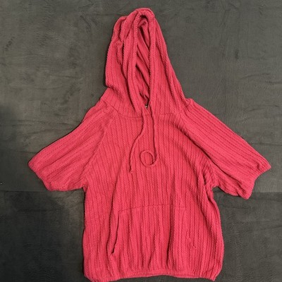 HEIMISH U.S.A Sweater, Women's Size Medium Pink Cable Knit Short Sleeve Hoodie