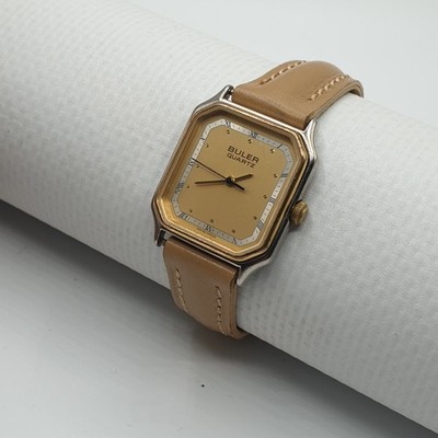  Buler Schweizer Quarz Uhr Vintage Ultra Flat Rechteckig Bicolor
