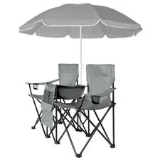 Double Folding Chair Picnic Cooler Camping Beach with Removable Sun Umbrella