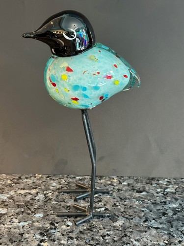 Aqua Blue Glass Bird with Metal Legs – Art Glass Figurine - Bild 6 von 6