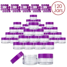 Beauticom® (120 PCS) 20G/20ML Round Clear Plastic Refill Jars with Purple Lids