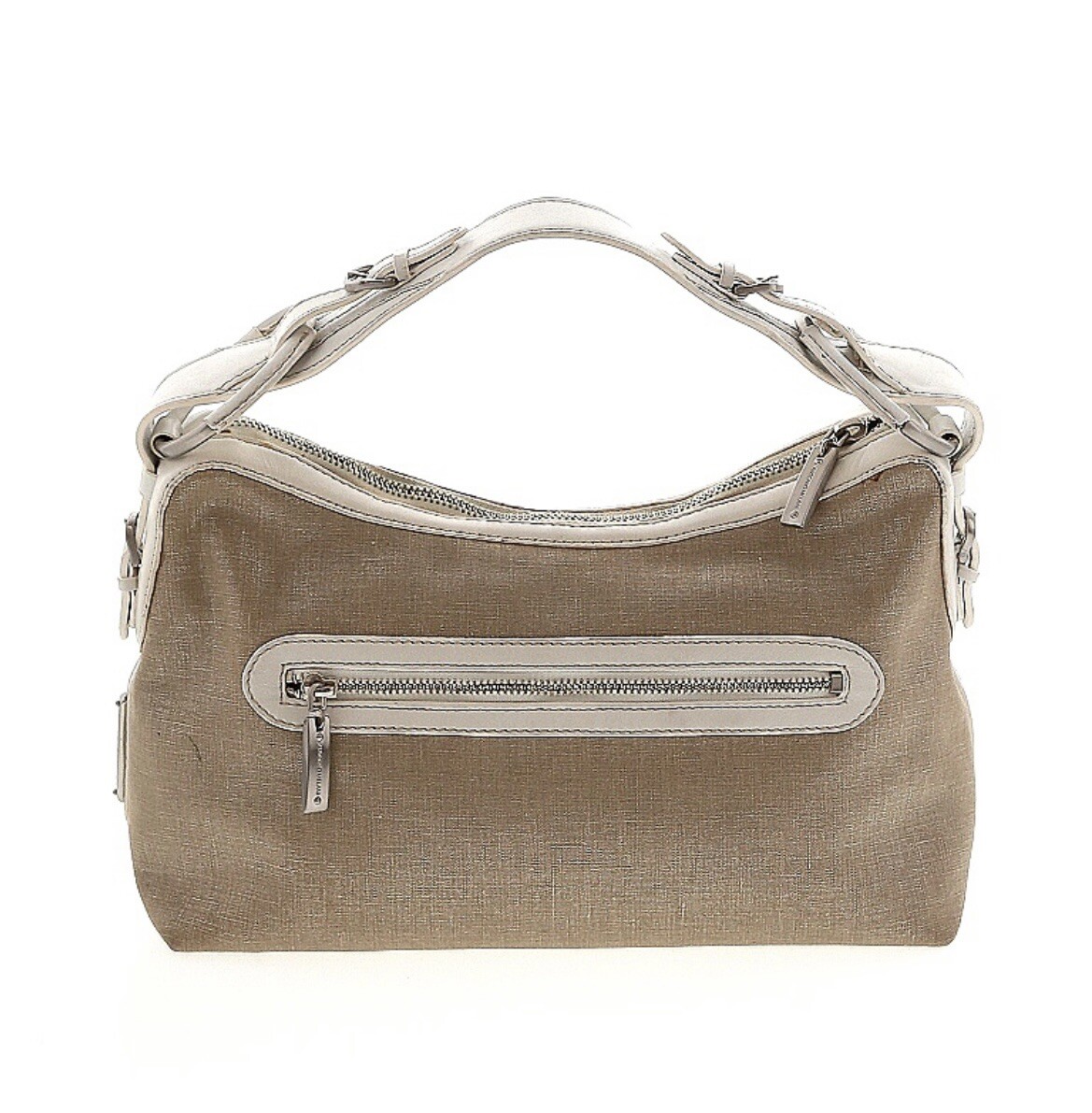 ANTONIO MELANI Satchel Purse Handbag Leather Canvas Shoulder Bag Tan/White