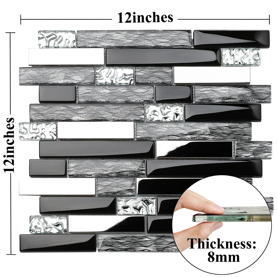 Black Crystal Glass Silver Steel Mosaic Wall Border Kitchen Bath Backsplash Tile - Image 3 of 4