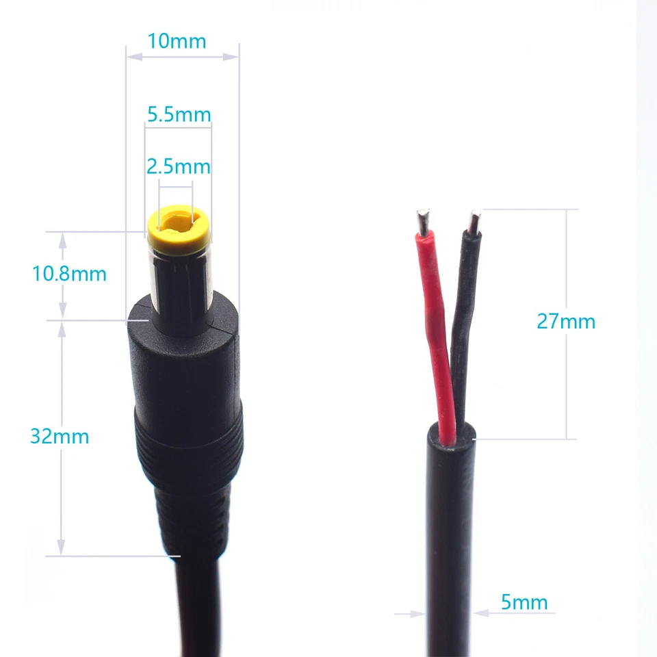 NEW 18AWG DC Power 5.5mm x 2.5mm Barrel Male Plug Pigtail Bare Wire 1M/3.3FT Lot - Image 4 of 4