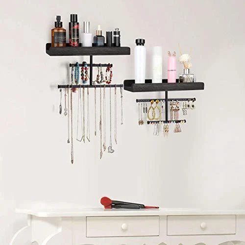 Keebofly Hanging Wall Mounted Jewelry Organizer with Rustic Wood