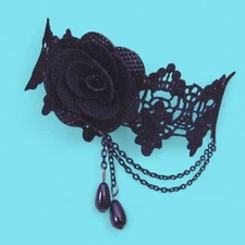  BLACK ROSE BURLESQUE CHOKER gothic steampunk Victorian lace necklace crochet J6