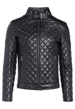 Black Quilted Leather Jacket Men Lambskin Biker Coat