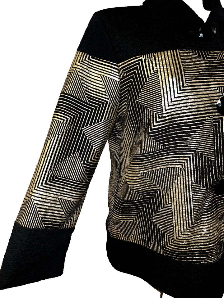 Chaqueta para mujer JM COLLECTION talla M negra dorada estampado geométrico botón cárdigan Foto 3 de 4