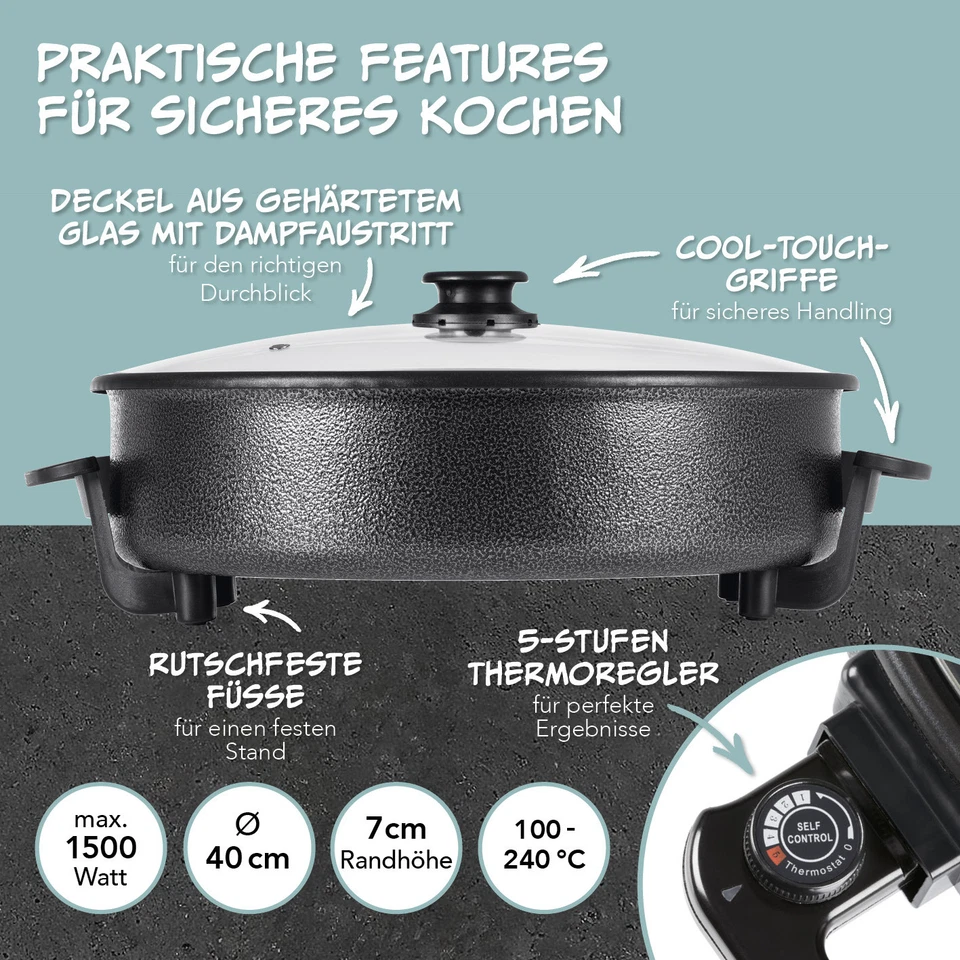 GOURMETmaxx Poêle Électrique Pour Fête Poêle À Pizza XXL 40Cm Avec Couvercle - Photo 3/4