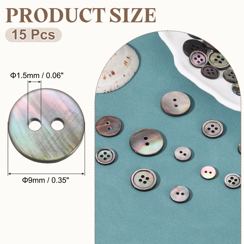 15 Piezas Botón Shell, 2 Agujeros 9mm Botones Planos Madreperla, Negro/Plateado Foto 2 de 4