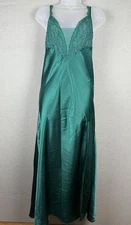 VTG Victorias Secret Long Satin Slip Dress Side Slit Lace Womens L Emerald Green