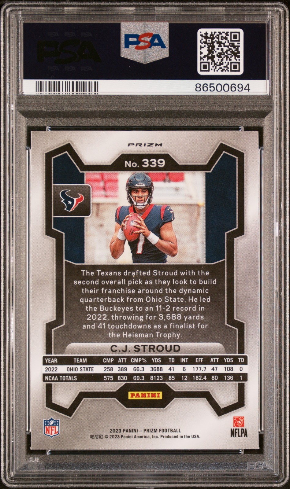 Panini 2023 Prizm Rookies C.J. Stroud #339 Pink Prizm RC Texans PSA 9 view 2