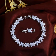 Silver Plated Cubic Zirconia Flower Leaf Tennis Bracelet for Women Bride Wedding