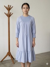 Mila Light Blue Smocked Long Sleeve Tiered MIDI Dress. Size XS. Linen Blend. 
