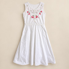 Vintage 90s Dragonfly White Cotton Embroidered Midi Dress Made USA M