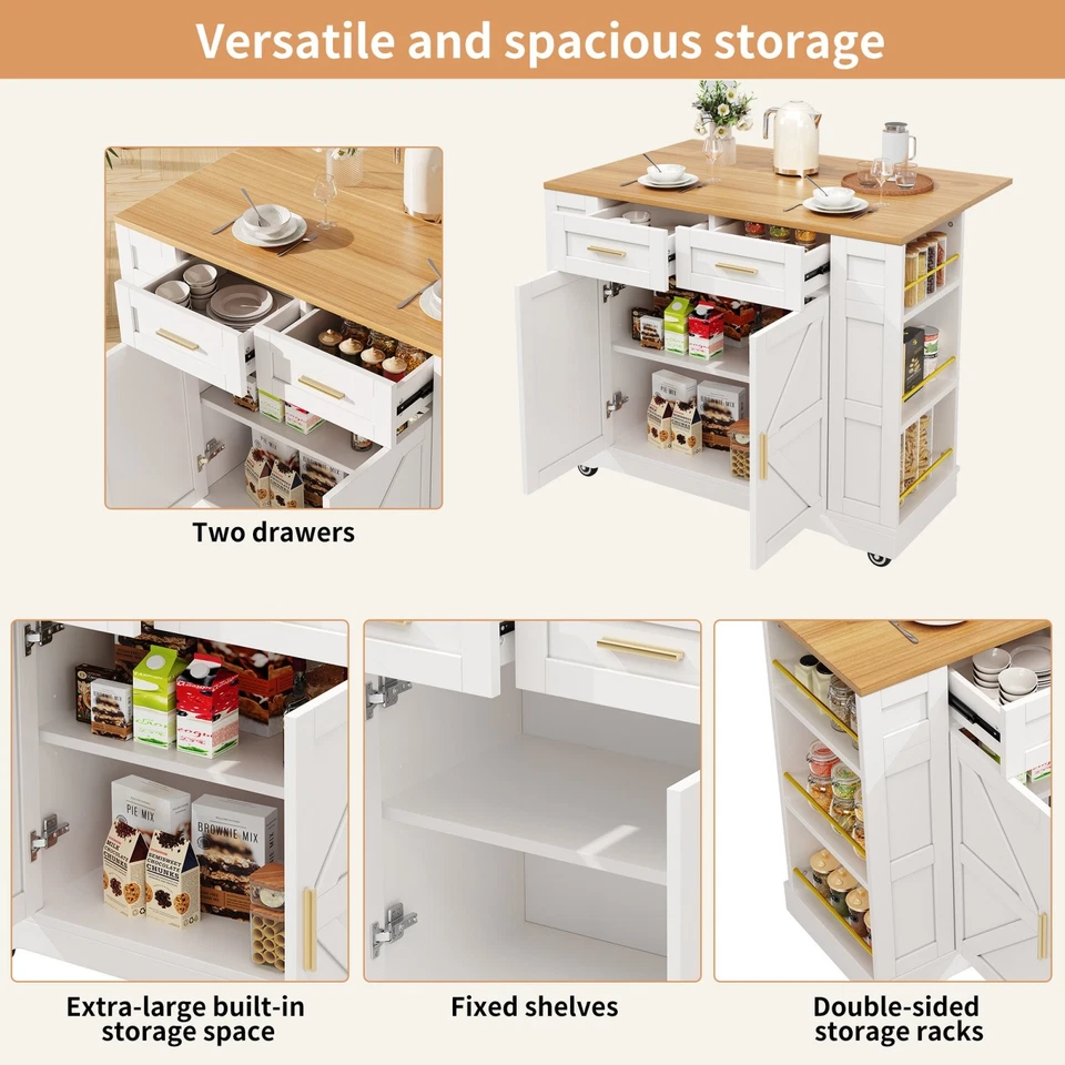 ROLLING KITCHEN ISLAND WITH DROP LEAF TOP, 2 STORAGE DRAWERS & SPICE RACK, WHITE - Image 4 of 4