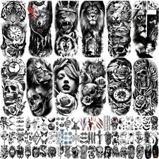 82 Sheets Temporary Tattoos   3D Half Sleeve, Skull, Lion, Wolf, Tiger