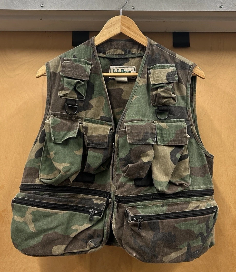 Vintage 80s LL Bean Fly Fishing Camo Utility Vest Size Medium Multi Pocket 90s