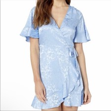 SHOW ME YOUR MUMU Blue Evelyn Mini Wrap Dress In Blue Ruffle Size L NWT