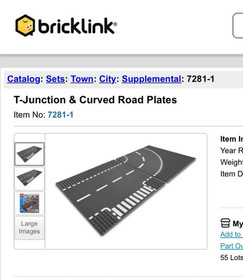 LEGO Baseplate  Town: City: Supplemental: 7281 T-Junction & Curved Road Plates