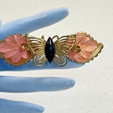 Vintage Floral Barrette Pink Lucite Flowers Gold Tone Black Center MCM Hair Clip