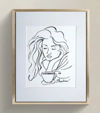 Original Ink Line Drawing on Watercolor Paper_ Minimalist Art Signed by Artist