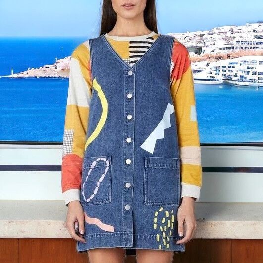 Size 10 GORMAN x Ellen Rutt Cut & Paste Mini Pinafore Button Denim Dress. 