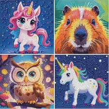  Diamond Painting Art Kit for Kids, 4-Pack Set,5D DIY Unicorn, Owl, Capybara
