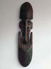 Wood Carving Tribal Mask Wall Hanging Red Green And Brown African 16” Long