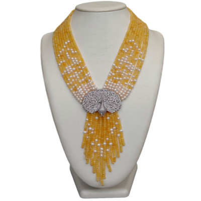 9 Strands Yellow Jade White Pearl Necklace CZ Pave Peacock Pendant19.5''